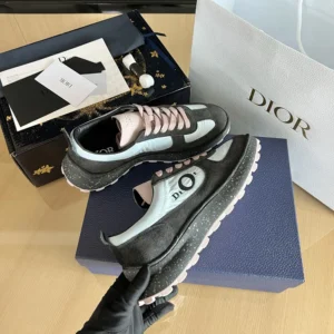 Dior Unisex Squash Sneaker Gray and Pink Suede Calfskin with Light Blue Technical Fabric