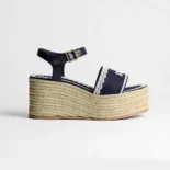 Dior Women Dentelle Wedge Sandal Navy Blue Dior Oblique Embroidered Cotton and White Lace