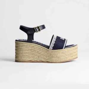 Dior Women Dentelle Wedge Sandal Navy Blue Dior Oblique Embroidered Cotton and White Lace