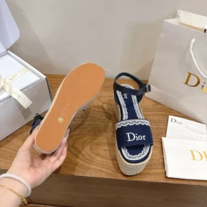 Dior Women Dentelle Wedge Sandal Navy Blue Dior Oblique Embroidered Cotton and White Lace