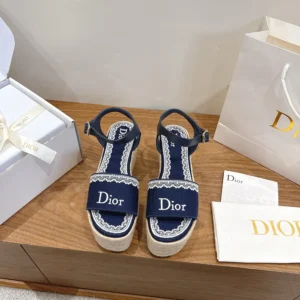 Dior Women Dentelle Wedge Sandal Navy Blue Dior Oblique Embroidered Cotton and White Lace