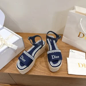 Dior Women Dentelle Wedge Sandal Navy Blue Dior Oblique Embroidered Cotton and White Lace