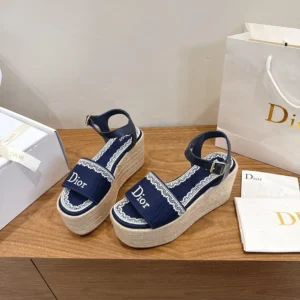 Dior Women Dentelle Wedge Sandal Navy Blue Dior Oblique Embroidered Cotton and White Lace