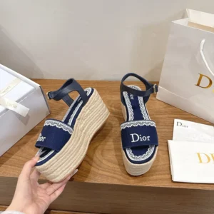 Dior Women Dentelle Wedge Sandal Navy Blue Dior Oblique Embroidered Cotton and White Lace