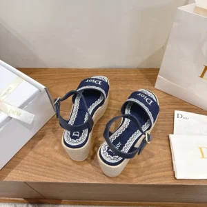 Dior Women Dentelle Wedge Sandal Navy Blue Dior Oblique Embroidered Cotton and White Lace