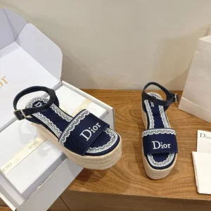 Dior Women Dentelle Wedge Sandal Navy Blue Dior Oblique Embroidered Cotton and White Lace