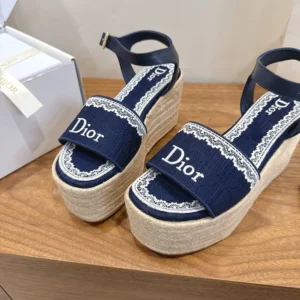 Dior Women Dentelle Wedge Sandal Navy Blue Dior Oblique Embroidered Cotton and White Lace