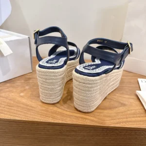 Dior Women Dentelle Wedge Sandal Navy Blue Dior Oblique Embroidered Cotton and White Lace