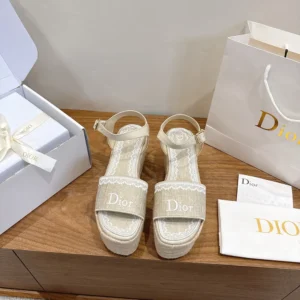 Dior Women Dentelle Wedge Sandal Trench Dior Oblique Embroidered Cotton and White Lace