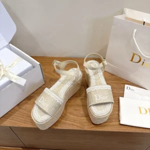 Dior Women Dentelle Wedge Sandal Trench Dior Oblique Embroidered Cotton and White Lace