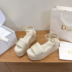 Dior Women Dentelle Wedge Sandal Trench Dior Oblique Embroidered Cotton and White Lace