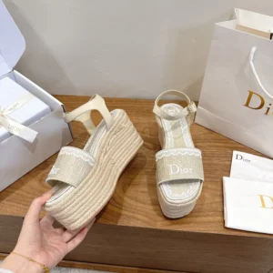Dior Women Dentelle Wedge Sandal Trench Dior Oblique Embroidered Cotton and White Lace