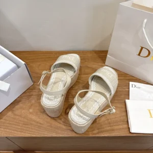 Dior Women Dentelle Wedge Sandal Trench Dior Oblique Embroidered Cotton and White Lace