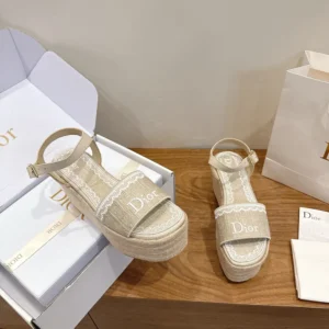 Dior Women Dentelle Wedge Sandal Trench Dior Oblique Embroidered Cotton and White Lace