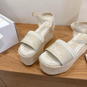 Dior Women Dentelle Wedge Sandal Trench Dior Oblique Embroidered Cotton and White Lace