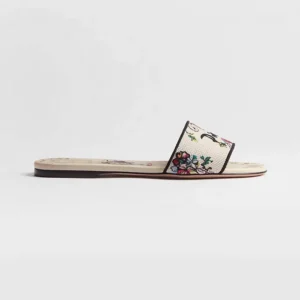 Dior Women Dioriviera Dway Slide White Embroidered Cotton and Multicolor Dior Arabesque Motif