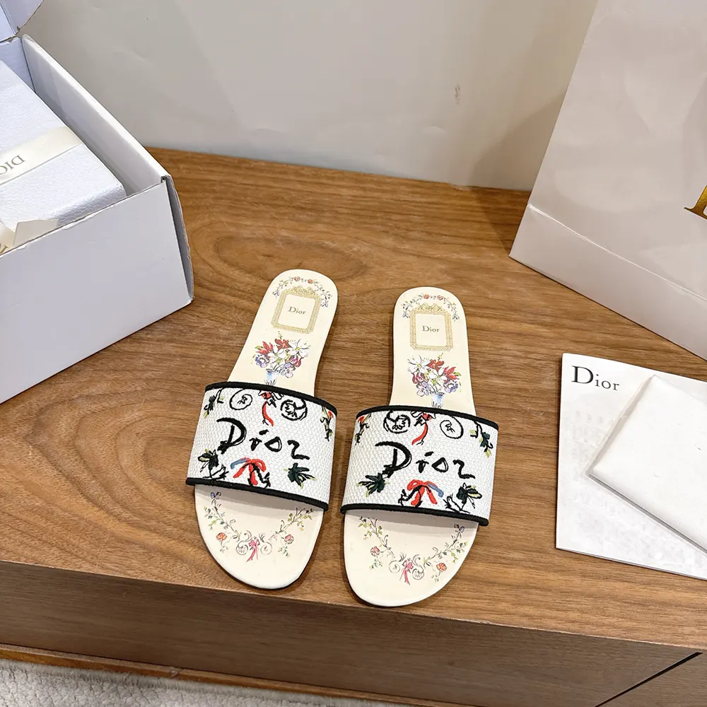 Dior Women Dioriviera Dway Slide White Embroidered Cotton and Multicolor Dior Arabesque Motif