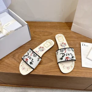 Dior Women Dioriviera Dway Slide White Embroidered Cotton and Multicolor Dior Arabesque Motif