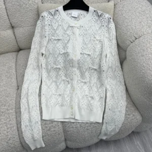 Dior Women Dioriviera Embroidered Cardigan Ecru Openwork Cotton Knit 644G20B7888