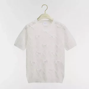 Dior Women Dioriviera Embroidered Short-Sleeved Sweater Ecru Openwork Cotton Knit