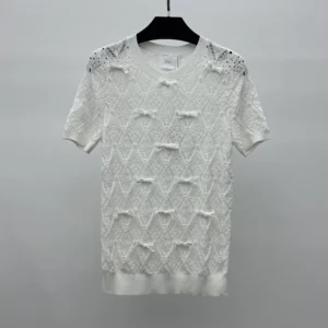 Dior Women Dioriviera Embroidered Short-Sleeved Sweater Ecru Openwork Cotton Knit