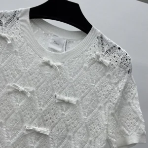 Dior Women Dioriviera Embroidered Short-Sleeved Sweater Ecru Openwork Cotton Knit