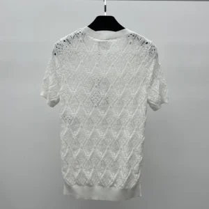 Dior Women Dioriviera Embroidered Short-Sleeved Sweater Ecru Openwork Cotton Knit
