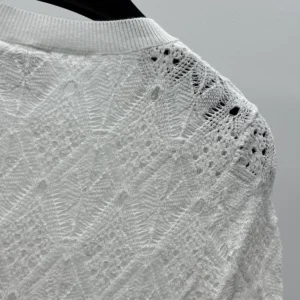 Dior Women Dioriviera Embroidered Short-Sleeved Sweater Ecru Openwork Cotton Knit