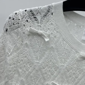 Dior Women Dioriviera Embroidered Short-Sleeved Sweater Ecru Openwork Cotton Knit