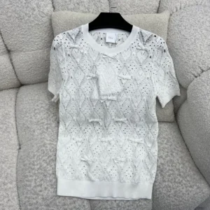 Dior Women Dioriviera Embroidered Short-Sleeved Sweater Ecru Openwork Cotton Knit