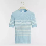 Dior Women Dioriviera Short-Sleeved Fitted Sweater Sky Blue and White D-Stripes Ribbed Cotton Knit