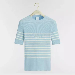 Dior Women Dioriviera Short-Sleeved Fitted Sweater Sky Blue and White D-Stripes Ribbed Cotton Knit