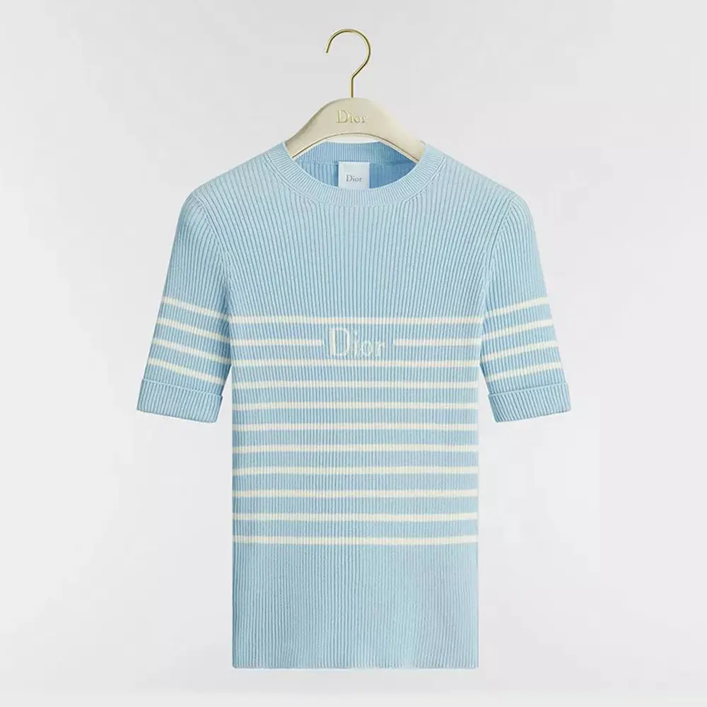 Dior Women Dioriviera Short-Sleeved Fitted Sweater Sky Blue and White D-Stripes Ribbed Cotton Knit