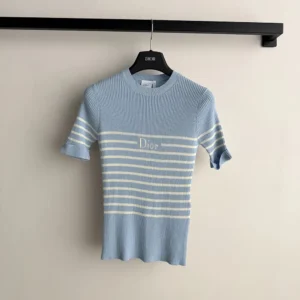 Dior Women Dioriviera Short-Sleeved Fitted Sweater Sky Blue and White D-Stripes Ribbed Cotton Knit