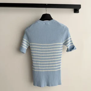 Dior Women Dioriviera Short-Sleeved Fitted Sweater Sky Blue and White D-Stripes Ribbed Cotton Knit