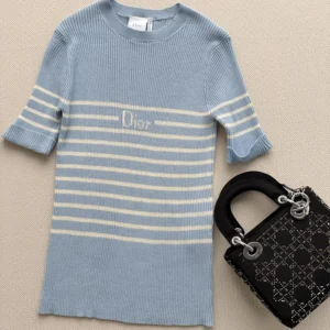 Dior Women Dioriviera Short-Sleeved Fitted Sweater Sky Blue and White D-Stripes Ribbed Cotton Knit