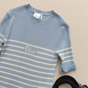 Dior Women Dioriviera Short-Sleeved Fitted Sweater Sky Blue and White D-Stripes Ribbed Cotton Knit