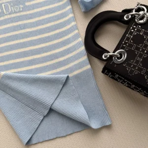 Dior Women Dioriviera Short-Sleeved Fitted Sweater Sky Blue and White D-Stripes Ribbed Cotton Knit