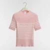 Dior Women Dioriviera Short-Sleeved Fitted Sweater White and Pink D-Stripes Ribbed Cotton Knit