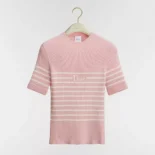 Dior Women Dioriviera Short-Sleeved Fitted Sweater White and Pink D-Stripes Ribbed Cotton Knit