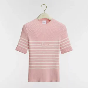 Dior Women Dioriviera Short-Sleeved Fitted Sweater White and Pink D-Stripes Ribbed Cotton Knit
