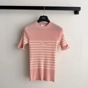 Dior Women Dioriviera Short-Sleeved Fitted Sweater White and Pink D-Stripes Ribbed Cotton Knit