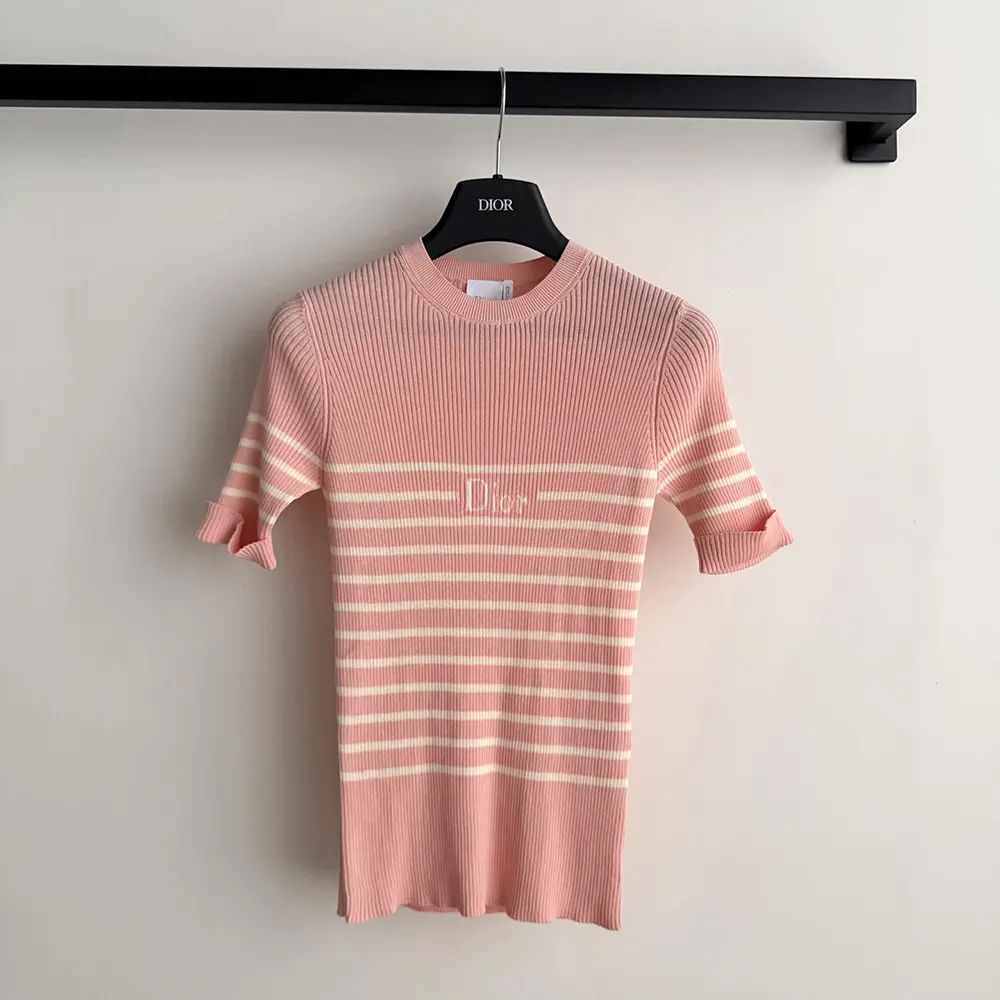 Dior Women Dioriviera Short-Sleeved Fitted Sweater White and Pink D-Stripes Ribbed Cotton Knit