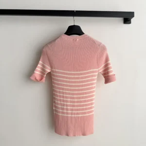 Dior Women Dioriviera Short-Sleeved Fitted Sweater White and Pink D-Stripes Ribbed Cotton Knit