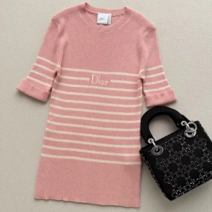 Dior Women Dioriviera Short-Sleeved Fitted Sweater White and Pink D-Stripes Ribbed Cotton Knit