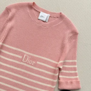 Dior Women Dioriviera Short-Sleeved Fitted Sweater White and Pink D-Stripes Ribbed Cotton Knit