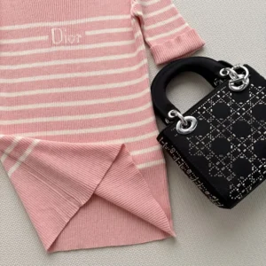 Dior Women Dioriviera Short-Sleeved Fitted Sweater White and Pink D-Stripes Ribbed Cotton Knit