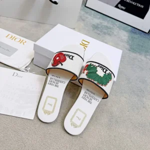 Dior Women Dway Slide White Embroidered Cotton and Multicolor Book Cover Motif