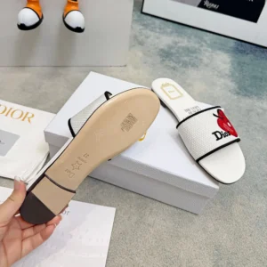 Dior Women Dway Slide White Embroidered Cotton and Multicolor Book Cover Motif