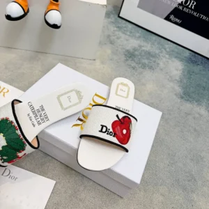 Dior Women Dway Slide White Embroidered Cotton and Multicolor Book Cover Motif